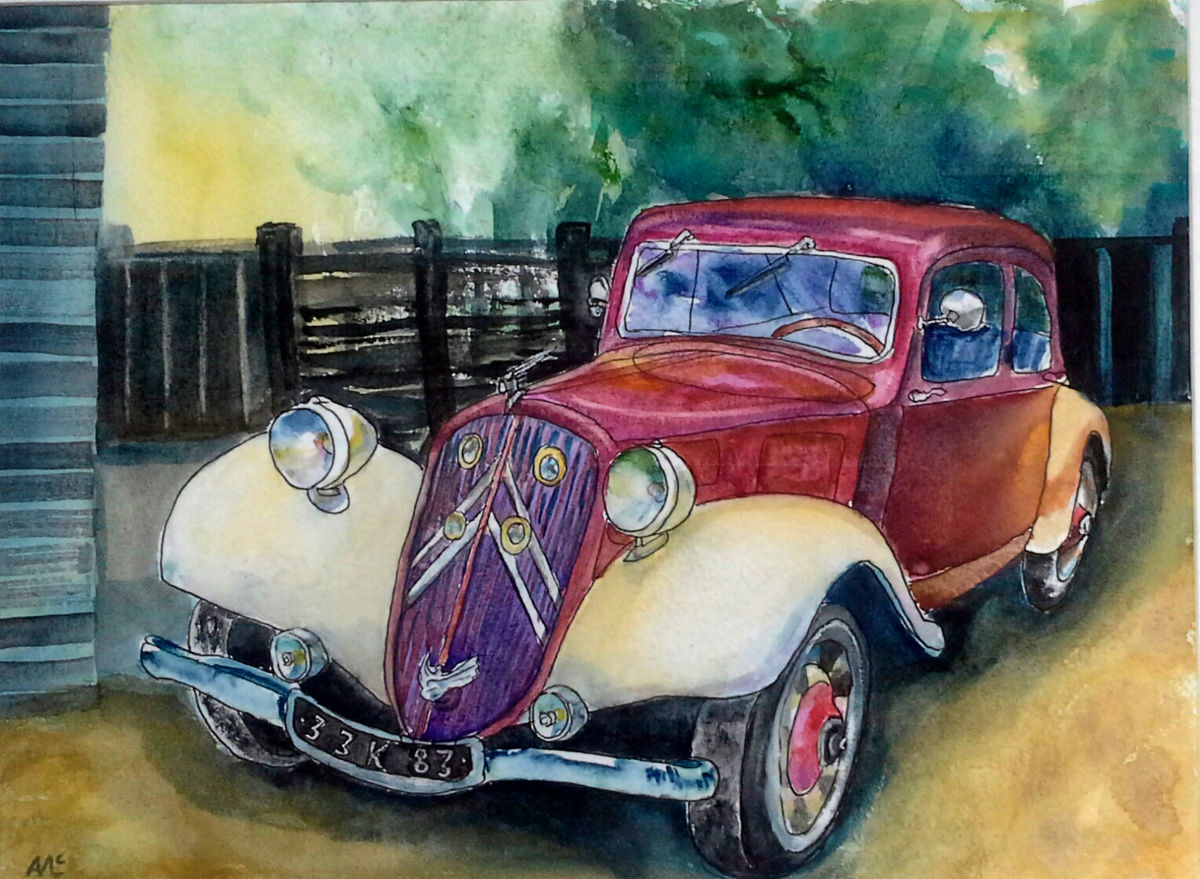 1200x879 Vintage Red Car (Agnes Mclaughlin) - Vintage Car Painting
