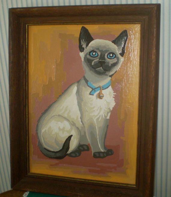 570x656 Vintage Paint By Number Siamese Cat Portrait Hand Painted Cat - Vintage Cat Painting