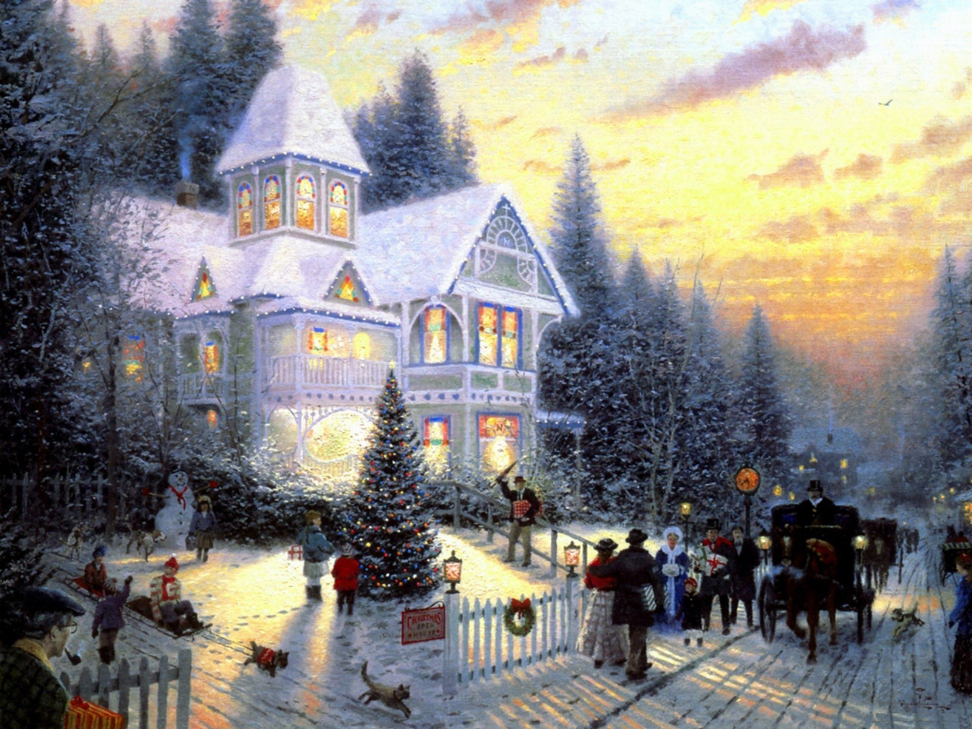 1920x1440 Christmas Retro House Painting Backgroundu200b Gallery Yopriceville - Vintage Christmas Painting