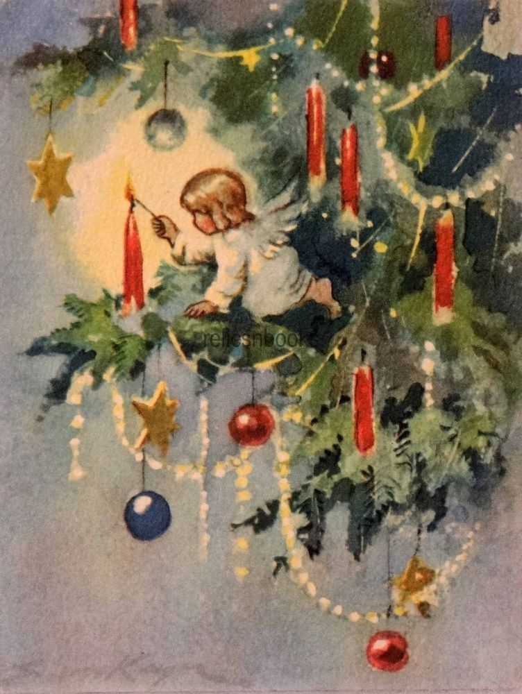 752x1000 1381 40s Brownie Erica Von Kager Angel Lights Candle Vtg Vintage - Vintage Christmas Painting