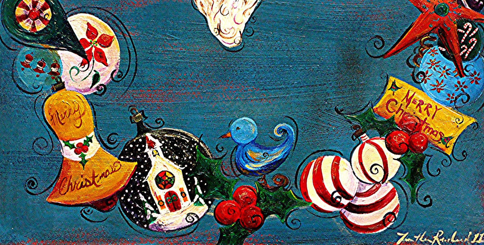 1600x813 Blue Eyed Dragonfly Vintage Ornamet Painting - Vintage Christmas Painting