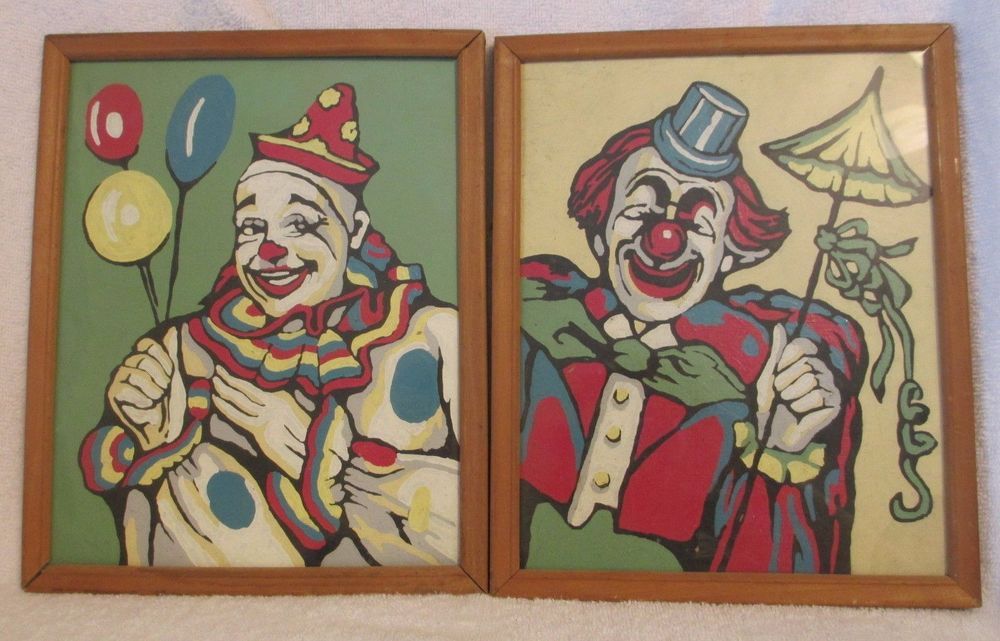 1000x641 Two Vintage Mid Century Paint By Number Clowns Painted Picture Set - Vintage Clown Painting