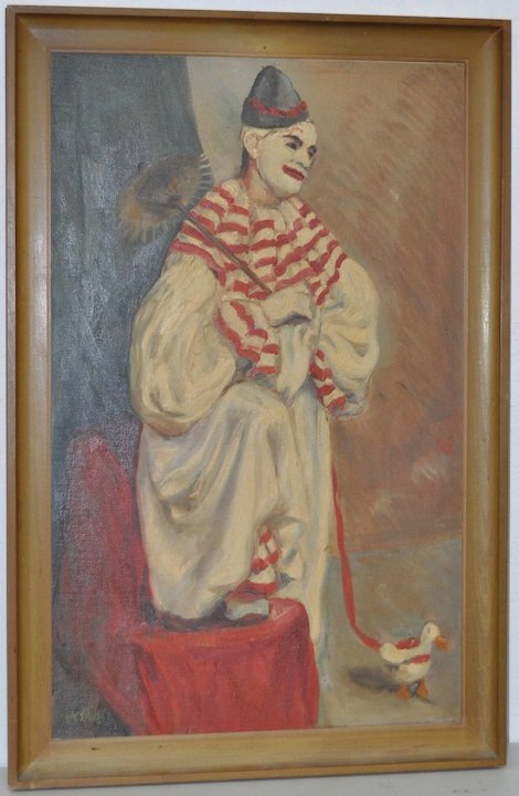 470x720 Vintage Clown Painting By Mary Pedri C.1940s Antique Canvas - Vintage Clown Painting