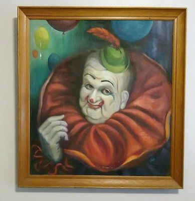 389x400 Vintage Clown Painting On Canvas Signed Fay 22.5x24.5 Framed - Vintage Clown Painting