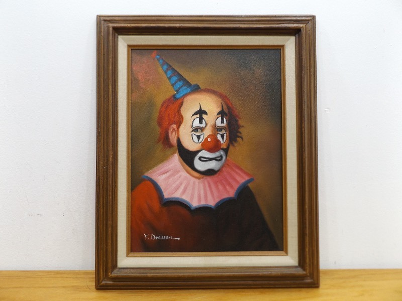 800x600 Vintage Framed Frank Dressen Oil On Canvas Clown Painting Ec - Vintage Clown Painting