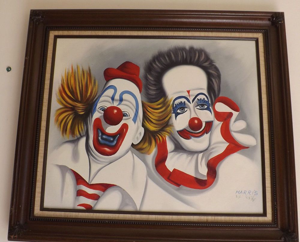 1000x806 Vintage Harris Double Signed Clown Painting 30x26.5 Framed Art - Vintage Clown Painting