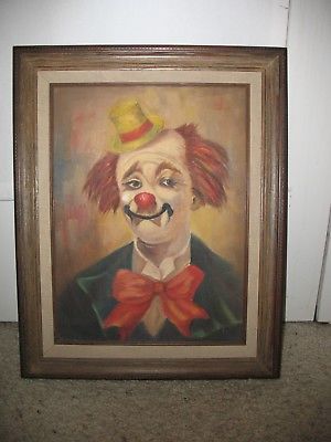 300x400 Clown Painting Vintage Oil Or Acrylic - Vintage Clown Painting