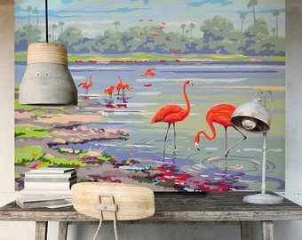 340x270 Flamingo Wall Mural Etsy - Vintage Flamingo Painting