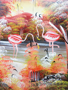 225x300 Vintage Pink Flamingo Painting 16 X 12 Flamingos Birds Signed - Vintage Flamingo Painting