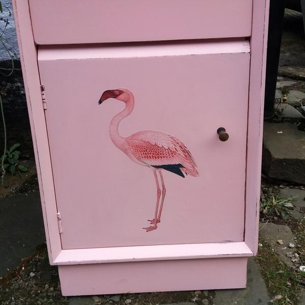 600x600 Vintage Pink Painted Bedside Cabinet With Flamingo Decoupage - Vintage Flamingo Painting