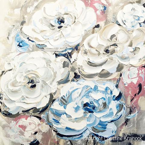 480x480 Original Art Abstract Flower Painting White Blue Rose - Vintage Floral Painting
