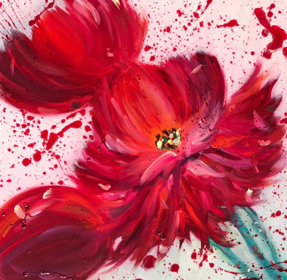 1000x977 Red Peony, Abstract Flower Painting, Splatter Painting, Fine Art - Vintage Floral Painting