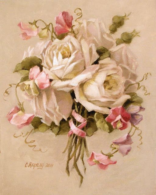 512x640 White Roses And Pink Sweet Peas. What's In A Name That Which - Vintage Floral Painting