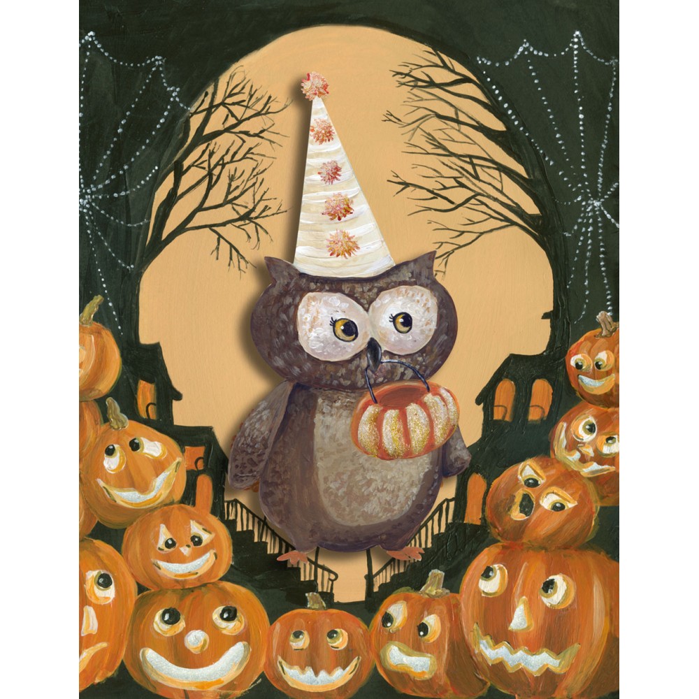 1000x1000 Hand Painted Halloween Greeting Card With Retro Vintage Feel With Owl - Vintage Halloween Painting