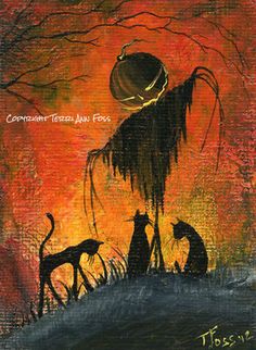 236x322 Original Ooak Canvas Painting Witch Cat Halloween By Jss3677 - Vintage Halloween Painting