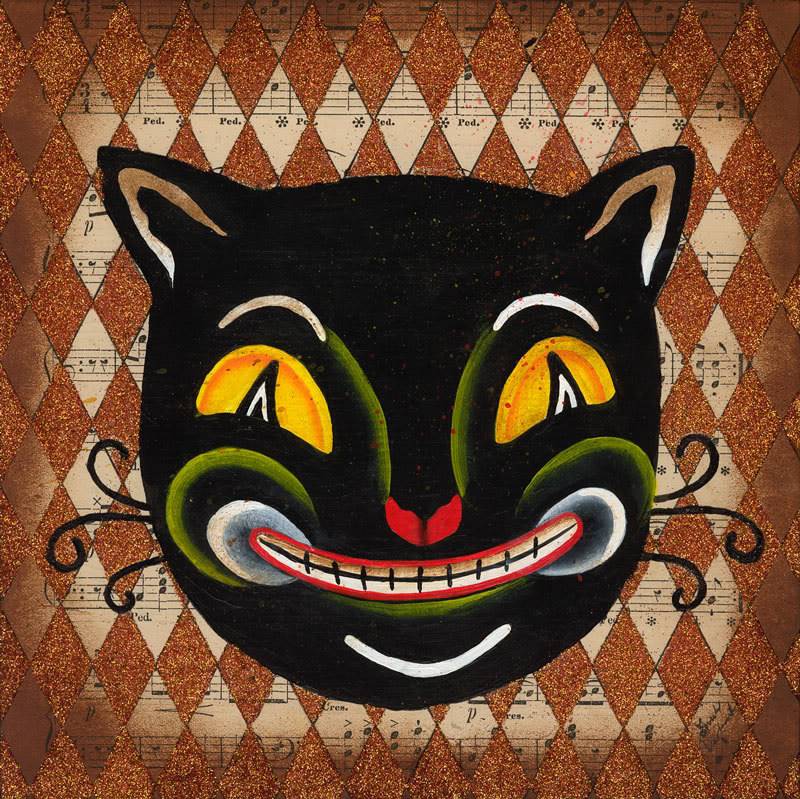 800x799 Vintage Cat And Pumpkin Mask Paintings - Vintage Halloween Painting