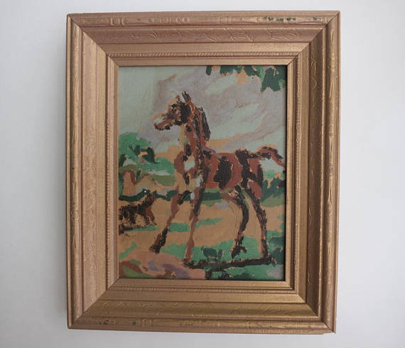 570x490 Vintage Horse Painting Framed Paint By Number Kentucky Horses - Vintage Horse Painting