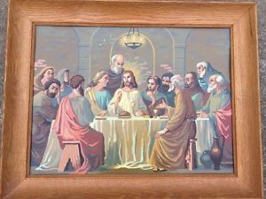 300x225 Vintage Paint By Number Pbn Jesus Last Supper Religious God Wood - Vintage Jesus Painting