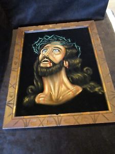 225x300 Vintage Velvet Painting Oil Jesus Christ Crying Crown Of Thorns - Vintage Jesus Painting