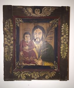 254x300 Antique St Joseph W Infant Jesus Shutterdoor Painting Vintage - Vintage Jesus Painting