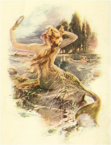 383x500 Vintage Mermaid Print Siren Mirror Seduction Sea Mystical Canvas - Vintage Mermaid Painting