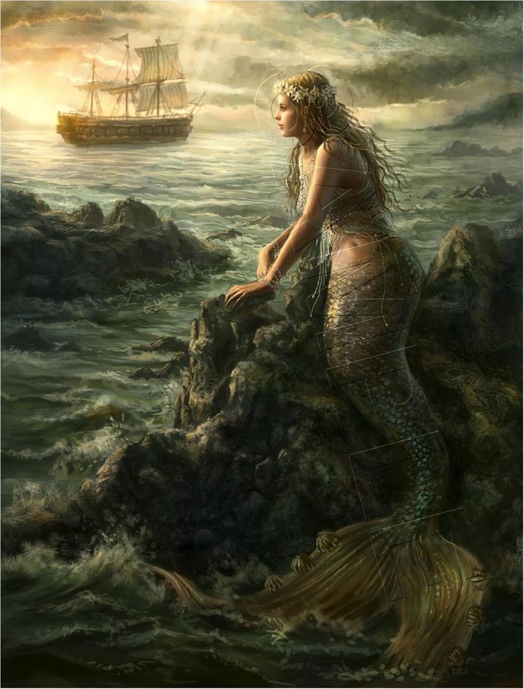 761x1000 Vintage Victorian Mermaid Sea Ship Canvas Antique Art Print - Vintage Mermaid Painting