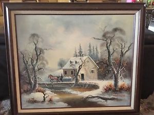 300x225 Vintage Oil Painting On Canvas Of Winter Scene Sled And Horse - Vintage Oil Painting