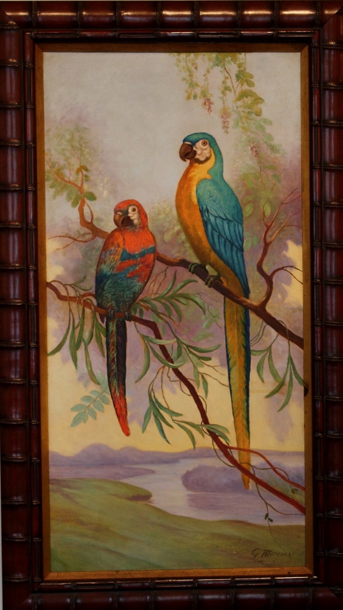675x1200 Vintage Oil Painting Of Two Parrots, Perched On Tree Limbs - Vintage Oil Painting