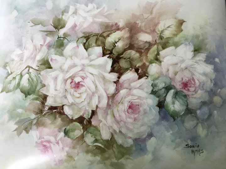 720x540 Sonie Ames Original Vintage Roses Painting On Porcelain Plaque - Vintage Rose Painting