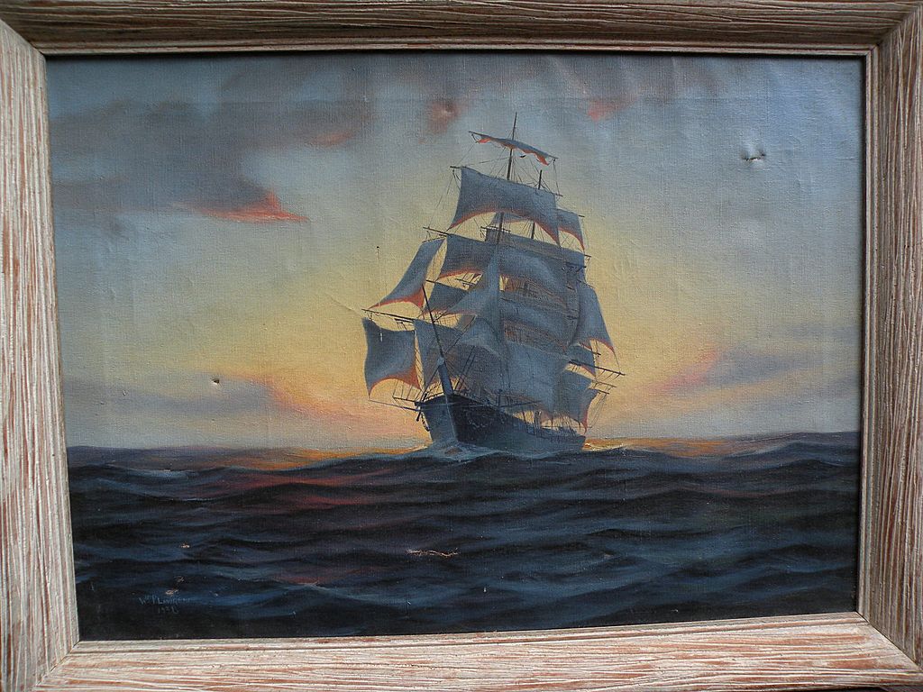 1024x768 Vintage American Marine Art Signed 1938 Oil Painting Of Clipper - Vintage Ship Painting