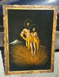 230x300 Unique Large Vintage Velvet Painting African Afro Tribal Couple - Vintage Velvet Painting