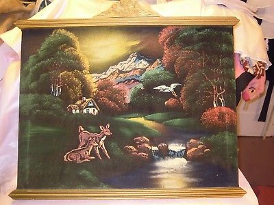 400x300 Vintage Velvet Painting With Cool Frame Deer House Bird Tree Scene - Vintage Velvet Painting