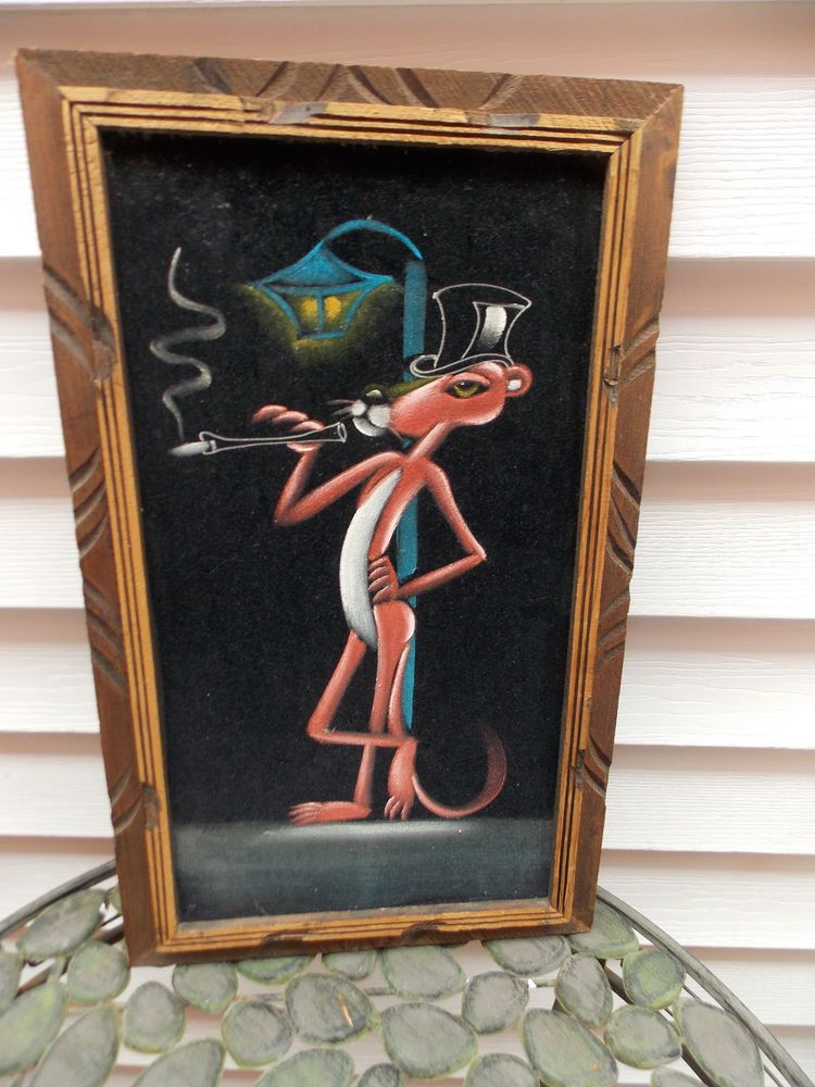 750x1000 Vintage Black Velvet Mexico Felt Pink Panther Painting Wood Frame - Vintage Velvet Painting