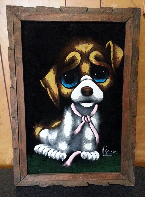570x771 Vintage Sad Eyed Puppy Dog Framed Black Velvet Painting - Vintage Velvet Painting