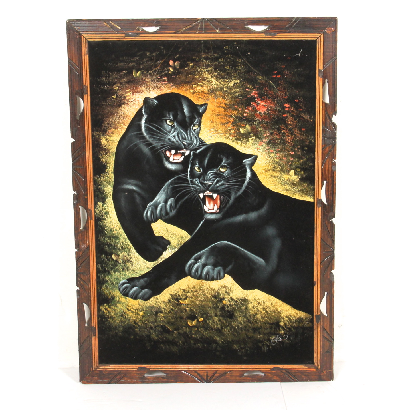 1437x1436 Vintage Signed Black Velvet Painting Of Panthers Ebth - Vintage Velvet Painting