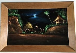 300x209 Vintage Tiki Hut Black Velvet Painting Landscape Framed Farmer Hay - Vintage Velvet Painting