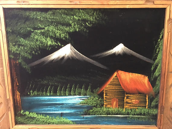 570x427 Vintage Velvet Painting Mountain And Water Tiki Scene Tiki - Vintage Velvet Painting