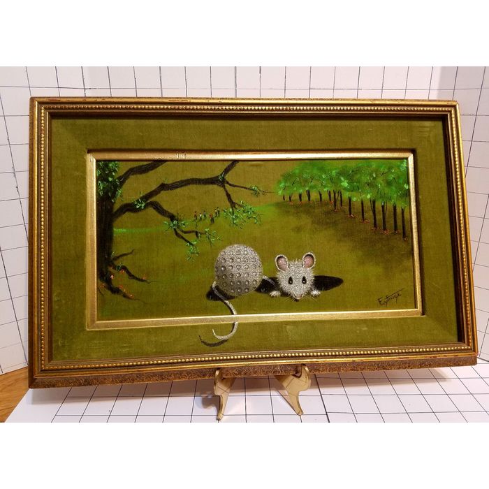 700x700 Vintage Oil On Velvet Painting Cute Little Mouse Wall By Carol - Vintage Velvet Painting
