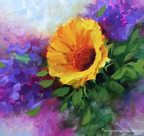 504x477 Nancy Medina Art Violet Fire Sunflower And A Louisiana Workshop - Violet Flower Painting