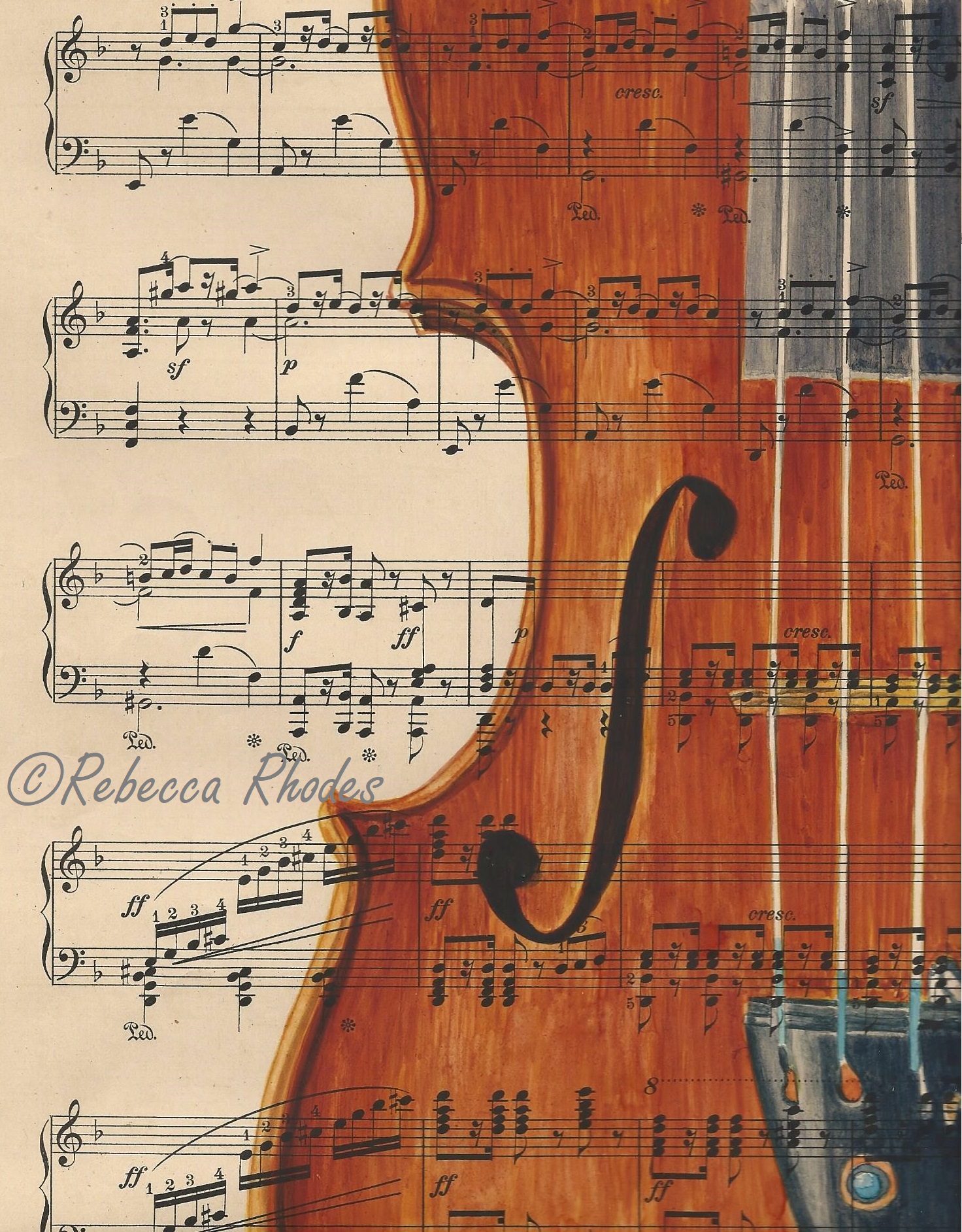 1472x1884 Violin On Vintage Sheet Music - Violin Painting