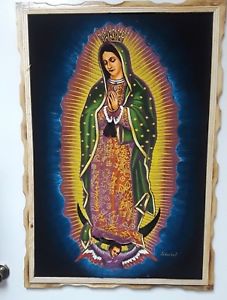 227x300 Large Virgen De Guadalupe Velvet Painting , Mexico , 38.5 By 26.5 - Virgen De Guadalupe Original Painting