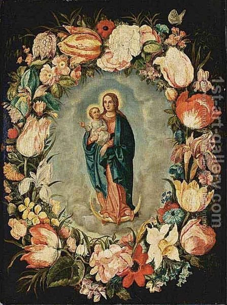 447x600 The Virgin Mary And Child Surrounded By A Garland With Tulips - Virgin Mary Oil Painting