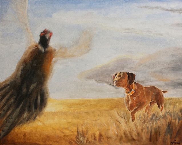 637x507 Vizsla Flushing Pheasant, By Pavel Francev. Art - Vizsla Painting