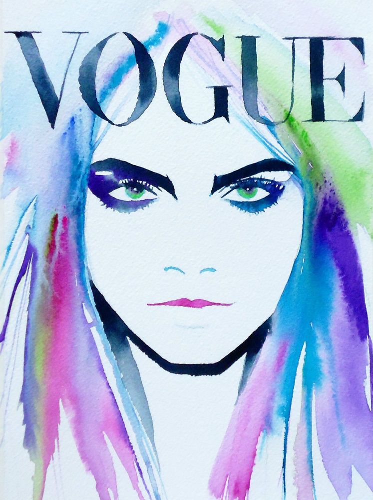 747x1000 Vogue Mag Cara Art Print Original Watercolour Painting Fashion - Vogue Painting