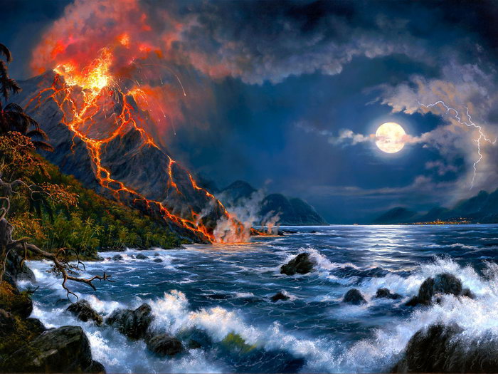 700x525 Amazing Painting Art Volcanic Eruption Lava Moon Huge Giant Wall - Volcano Eruption Painting