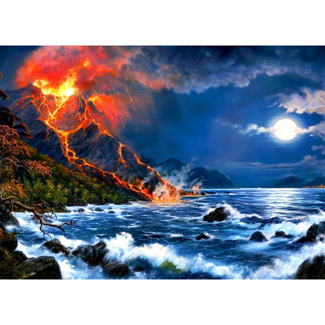 640x640 Full Square Round Drill 5d Diy Diamond Painting Sea And Volcano 3d - Volcano Painting