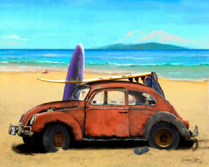 300x240 Vw Beetle Art Print Poster Painting ~ Volkswagen Bug Beach Car - Volkswagen Painting