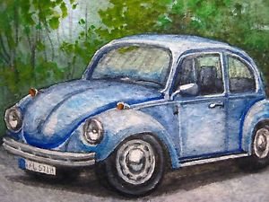 300x225 Watercolor Painting Vw Volkswagen Beetle Retro Car Nature Aceo Art - Volkswagen Painting