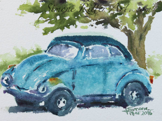 650x486 Vintage Volkswagen Beetle Painting Artwork By Simone Ritter Art - Volkswagen Painting