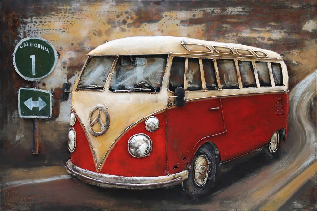 1024x682 3d Painting Metal 120x80cm Vw Bus Red With Traffic Sign - Volkswagen Painting